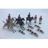 Britains: Three red jacket huntsmen on horseback, two further in black coats, two standing red