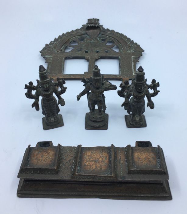 A 19th century Indian bronze group of three deities, to associated base, height 17cm. - Image 4 of 8