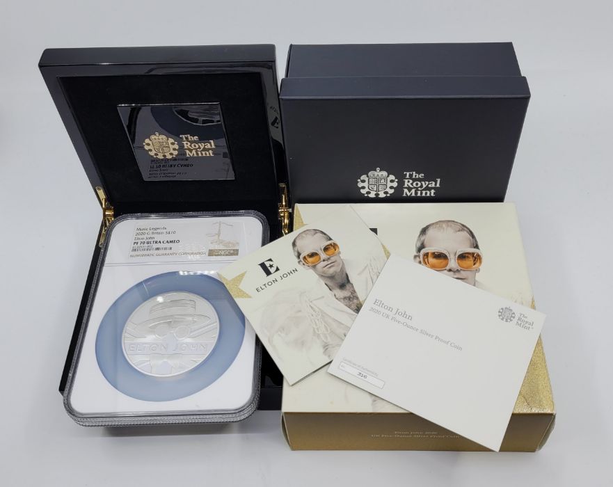 An Elizabeth II UK 2020 Music Legends "Elton John" 10 pounds (5oz.) silver proof coin, rev. Elton