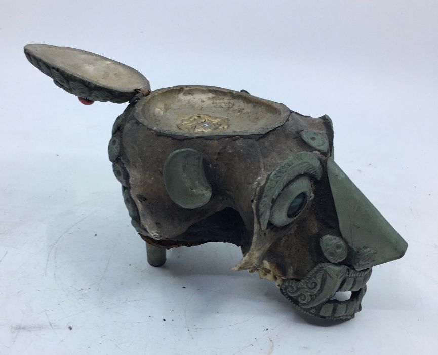 A 20th century Sino-Tibetan metal mounted monkey skull, hinged to skull top, length 14cm. - Image 5 of 7