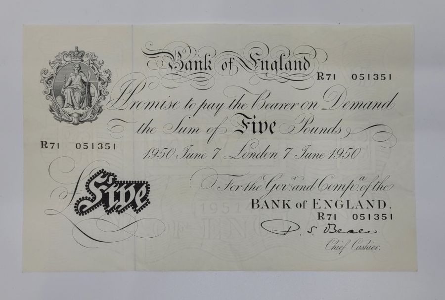 A Bank of England white five pounds banknote, 7 June 1950, P S Beale, serial R71 051351.