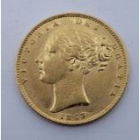 A Victoria 1863 "Young bust" gold sovereign, rev. shield, die no.17.