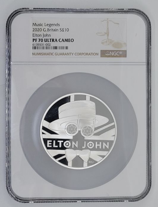 An Elizabeth II UK 2020 Music Legends "Elton John" 10 pounds (5oz.) silver proof coin, rev. Elton - Image 2 of 3