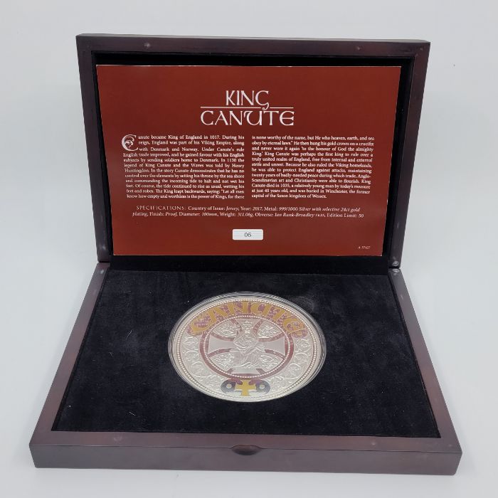 A scarce 2017 Jersey "King Canute" fifty pounds (10Toz.) silver proof coin, with selective 22ct.