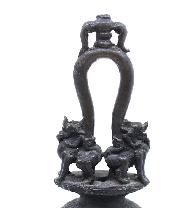 A late Ming style bronze vessel in the form of a Bell, with loop cast handle and Dog of Fo - Image 5 of 6