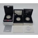 Three Elizabeth II UK five pounds crown size silver proof commemorative coins: 2013 "The Christening