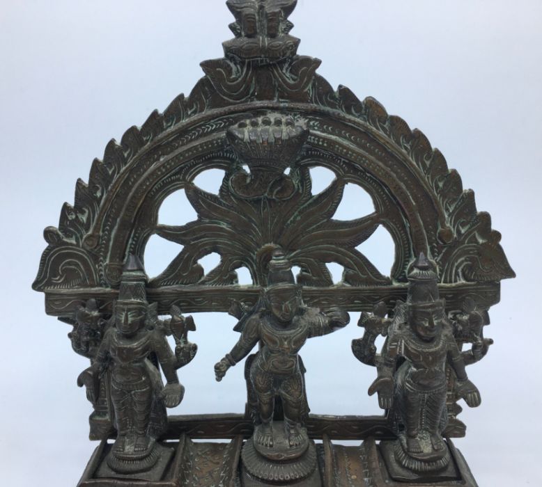 A 19th century Indian bronze group of three deities, to associated base, height 17cm. - Image 2 of 8