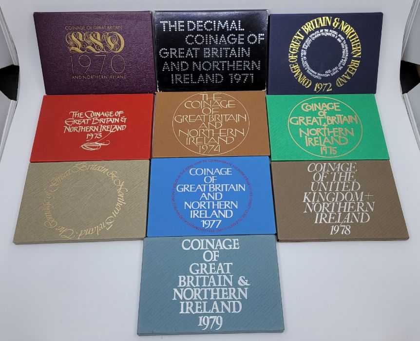 Ten Elizabeth II Coinage of Great Britain and Northern Ireland proof sets, in Royal Mint seeled