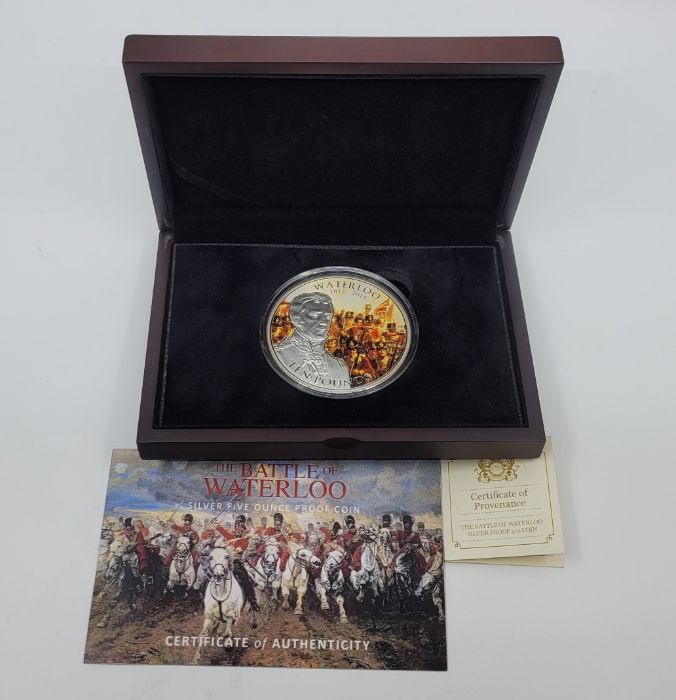 An Elizabeth II Guernsey 2015 "Waterloo 1815-2015" ten pounds (5oz.) silver proof commemorative