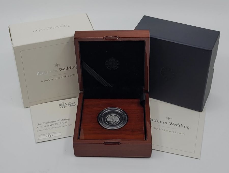 An Elizabeth II UK 2017 "The Platinum Wedding Anniversary" 25 pounds platinum proof coin, limited