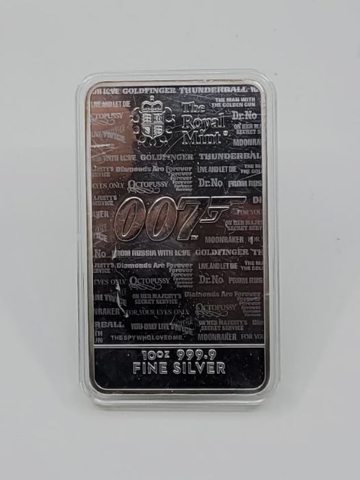 A Royal Mint "007 No Time To Die" 10oz. silver bullion bar.