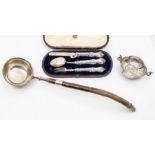 An early Victorian silver three piece christening set, ornate handles, the fork and knife engraved