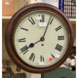 19th Century mahogany round station clock with Roman numerals and repainted dial, 8 day