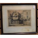 A pair of etchings including one of Y'Old Dick Pub London, 1911, with Old Westminster etching