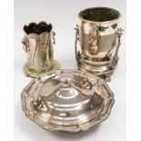 A collection of silver plated items, to include: a large serving dish with lid and glass liner; wine