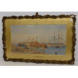 Watercolour, 1881, F Ford, Portsmouth Harbour, signed and framed, some frame damage