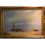 A collection of 4 framed paintings comprising an oil on canvas of a 19th Century beach scene by D.