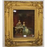 19th Century Continental School oil on board of two ladies drinking tea around a small marble top