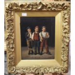 A 19th Century Dutch School oil on board by A Linde of three boys, 25 x 20cms approx, in heavy