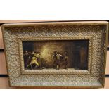 A pair of oil paintings in gilt frames depicting gentlemen sitting at a pub table and other