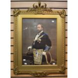 A large hand painted photograph of Edward VII in full Masonic wear, within a large gilt Masonic