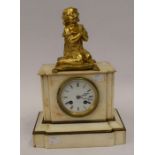 A late 19th century, French, 8-day, white marble mantel clock with a gilt figure of a young girl