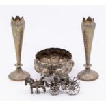 A group of Asian low grade silver to include: a pair of posy vases, engraved decoration; a sugar