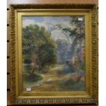 English School watercolour of a farm road, 19th Century, by J Eyer, RBS, 38 x 45 cms approx, in gilt