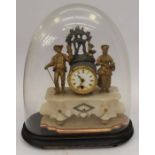 A figural clock on an onyx base under a glass dome on a wooden base.
