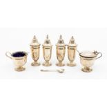 A Georgian style matched silver six piece condiment set comprising: pair of urn shaped salts and