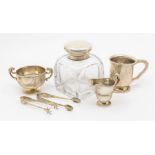 A collection of silver to include: a Victorian large desk ink bottle, with plain hinged cover and