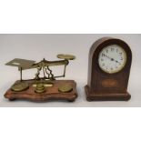 Edwardian mahogany mantle clock, along with late 19th Century Post Office scales