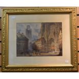 Continental School watercolour of a cathedral in a town, with people in market square, in gilt