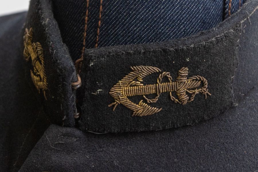 A scarce French circa WWI Naval tunic belt and Kepi black wool with gilt fouled anchor buttons, - Image 3 of 4