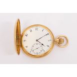 An 18ct gold hunter pocket watch, white enamel dial with Arabic numerals, subsidiary at 6, side