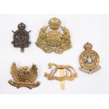 Five Yeomanry interest cap badges including a Derbyshire Imperial Yeomanry brass badge on lugs, a