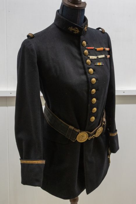 A scarce French circa WWI Naval tunic belt and Kepi black wool with gilt fouled anchor buttons,