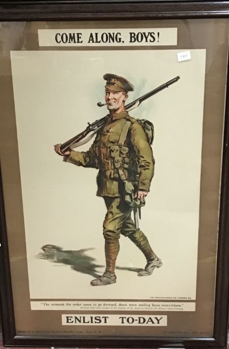 Original full size framed WW1 recruitment poster, ‘Come Along Boys’ ‘Enlist To-day’ by W.H.Caffyn