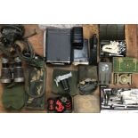 Collection of military items including German Army weapon cleaning kits, a British field morse key