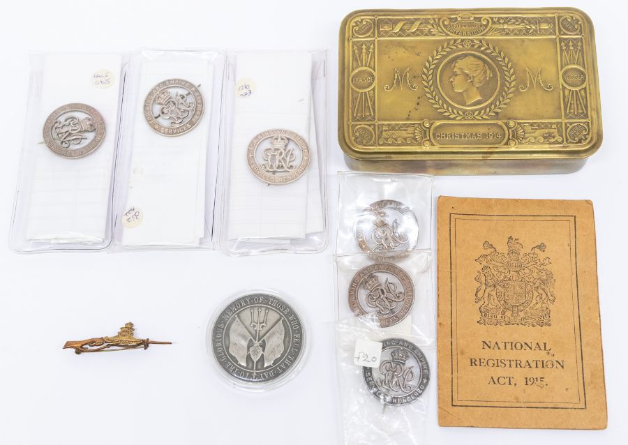 A selection of WWI interest items, to include: A brass 1914 Princess Mary tin (minus contents); a