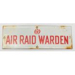 A WW2 Era Air Raid warden door sign. Vitreous enamel on a steel base metal. Approximately 23cm x 7.