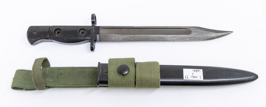 British L1A3 SLR Bayonet, long fuller model, single edged steel blade, with evidence of having being