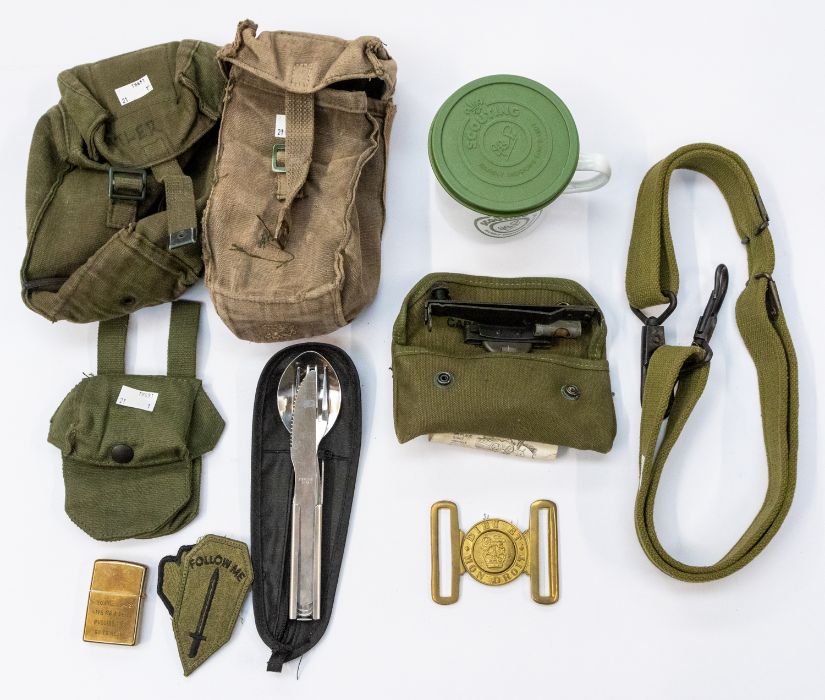 A selection of various military surplus and military style items including two webbing pouches,