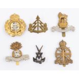 A selection of British cap badges to include a scarce V Force badge blackened brass on lugs, a