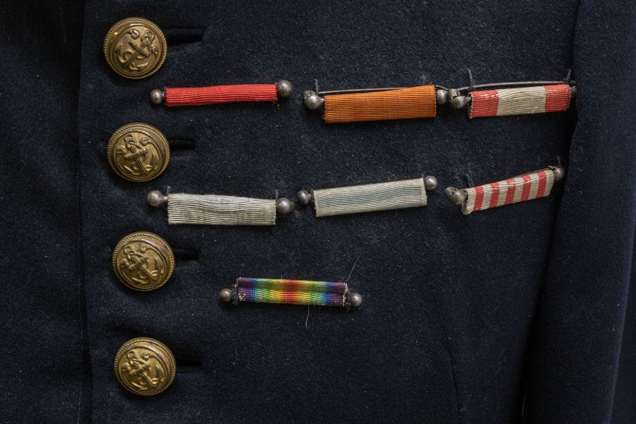 A scarce French circa WWI Naval tunic belt and Kepi black wool with gilt fouled anchor buttons, - Image 2 of 4