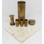 A selection of WWI interest Trench art and other pieces. To include: 3 French 37mm brass shell