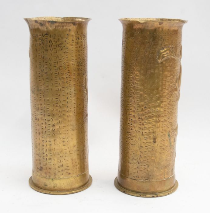 A pair of 1917 dated German75mm shell cases, both have hand worked stipple and repousse decoration - Image 2 of 3