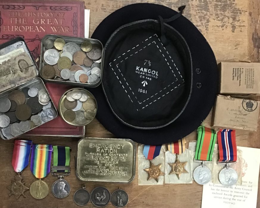 Collection of WW2 medals and items with coins, Emergency Rations etc. WW2 Medals of 1939-45 star,