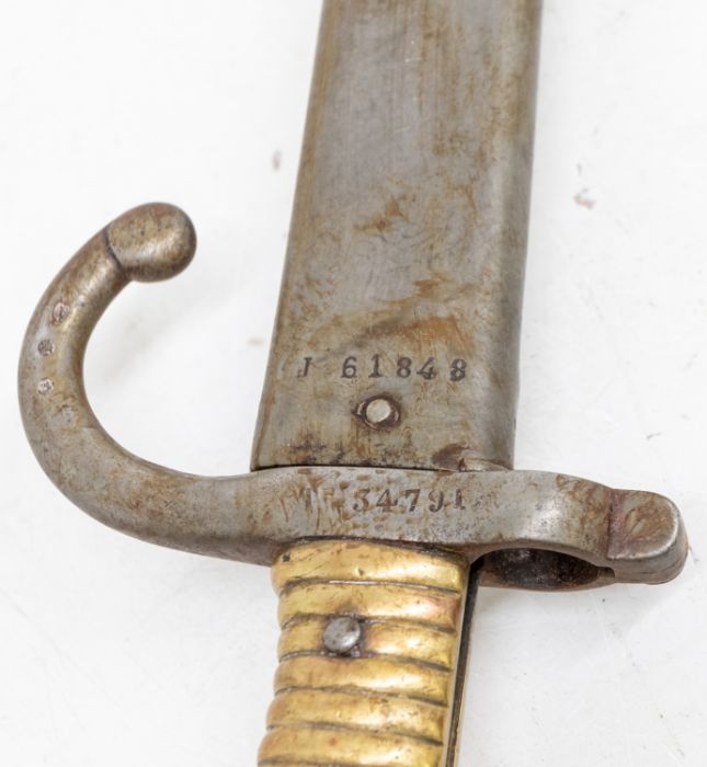 A French M1866 Chassepot Sabre Bayonet, dated 1871 to the flat back of the blade, ribbed brass - Image 3 of 5