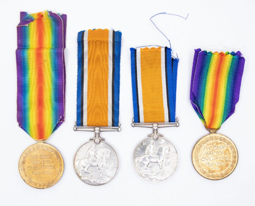 2 WW1 medal pairs, both consisting of the BWM and Victory medal. One pair named to 55148 A.E. - Image 2 of 2